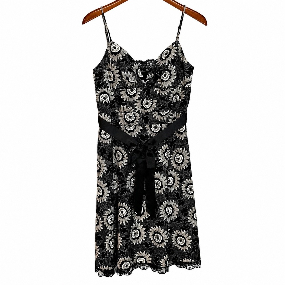 Black White Floral Women's 8 Cocktail Dress Satin Ribbon Waist Spaghetti Strap